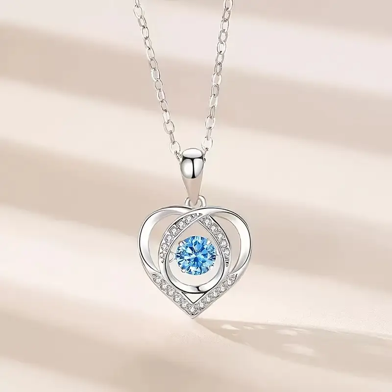 925 Sterling Silver Heart Shaped Necklace Stylish Jewelry Sparkling Heart Design Paved Shining Zirconia Blue