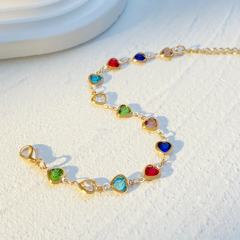A Stylish Colorful Sparkling Zirconia Heart Bracelet Exquisitely Handmade Beaded Bracelet For Ladies And Girls, Suitable For Daily Parties
