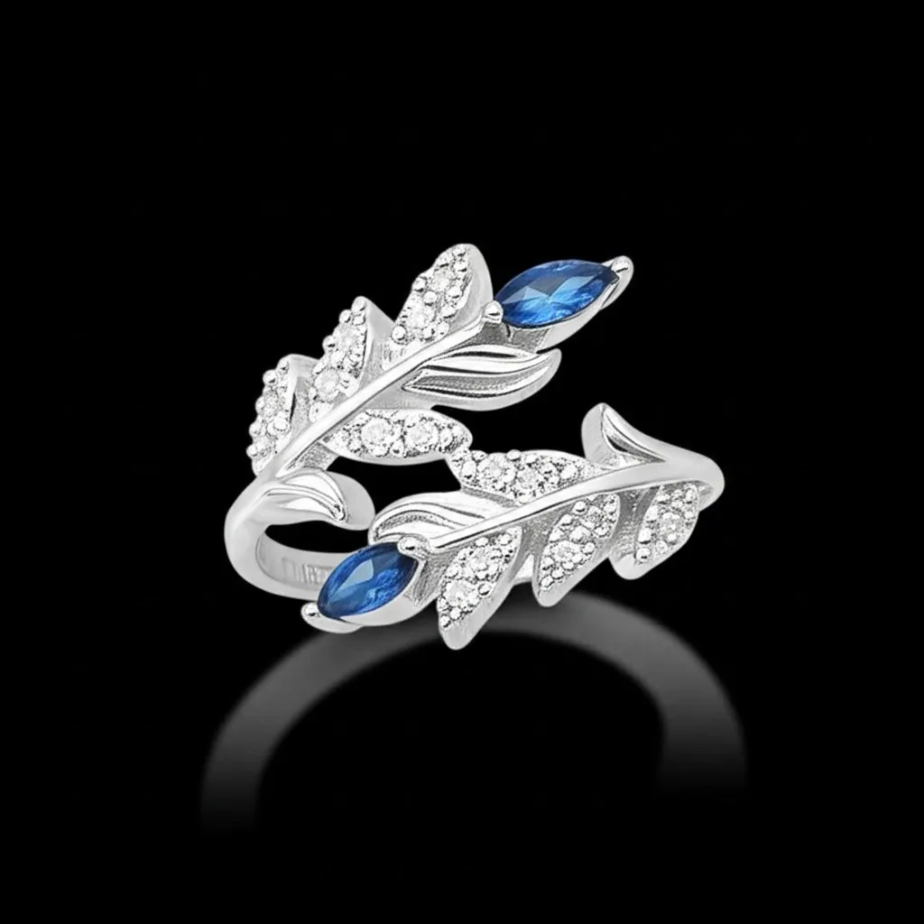 Lab Blue Sapphire Ring Leaf Marquise Floral Statement Ring 925 Silver Cubic Zirconia Pave Leaf Daily Worn Ring Sapphire Floral Gift for her