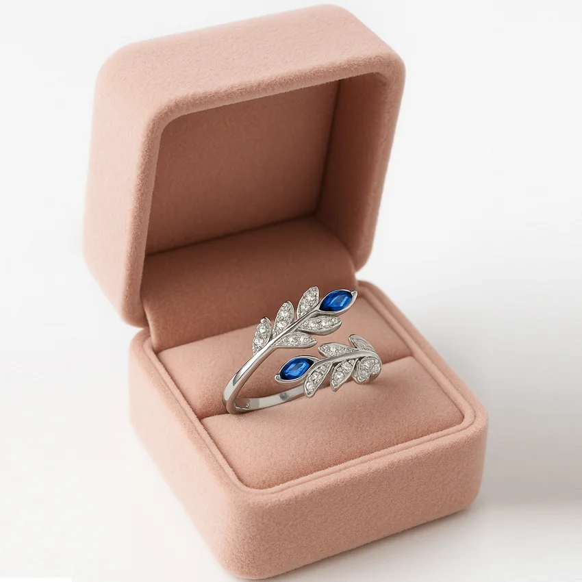 Lab Blue Sapphire Ring Leaf Marquise Floral Statement Ring 925 Silver Cubic Zirconia Pave Leaf Daily Worn Ring Sapphire Floral Gift for her