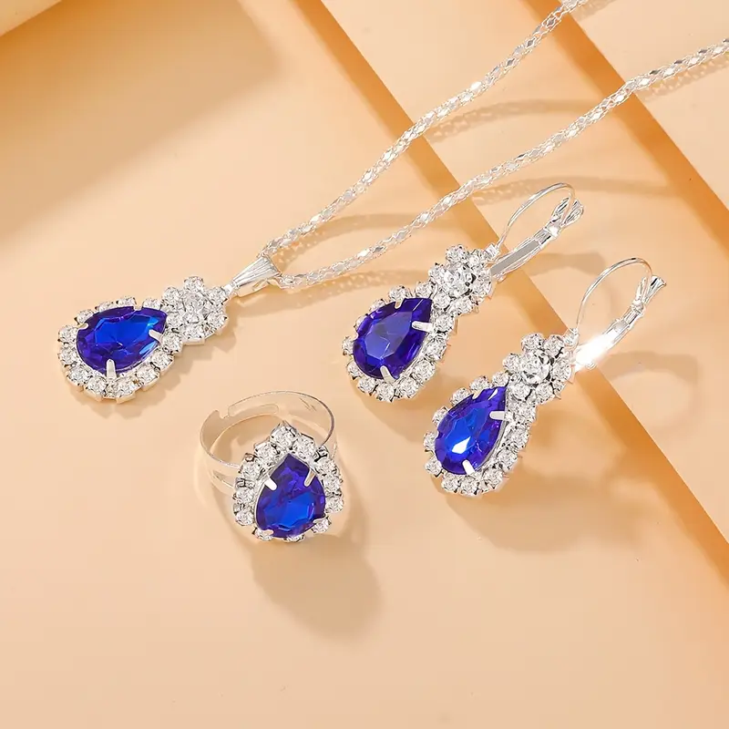 Zircon Pendant Necklace Earring Ring Set Women Water Drop Necklaces Earrings Zircon Jewelry Set