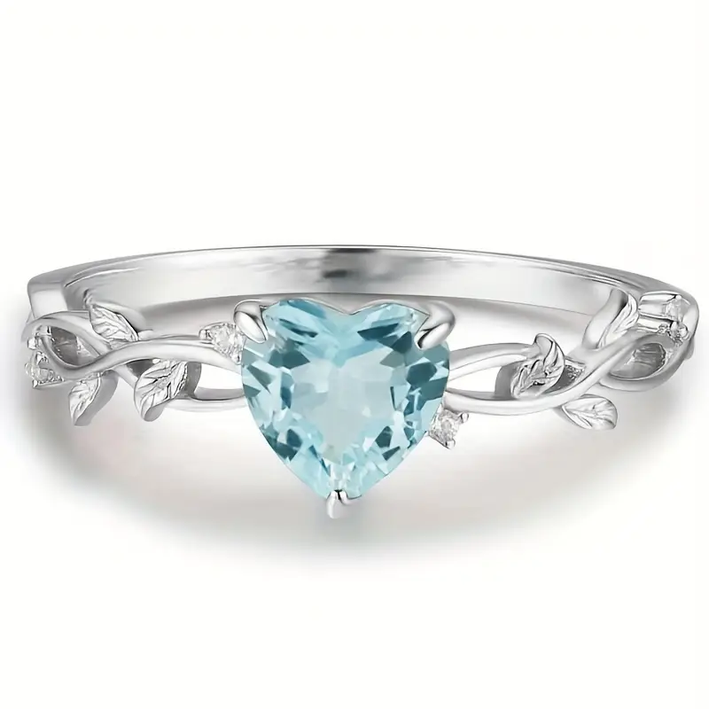 Elegant Blue Zirconia Heart-Shaped Leaf Ring