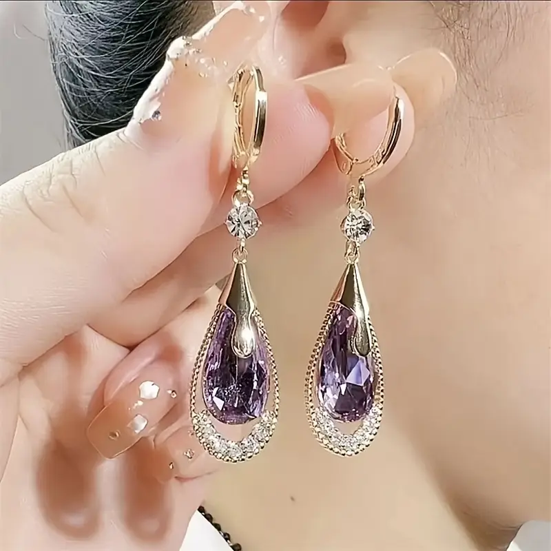 1 Pair Of Fashionable Purple Artificial Crystal Water Droplet Shaped Hollow Earrings for Women