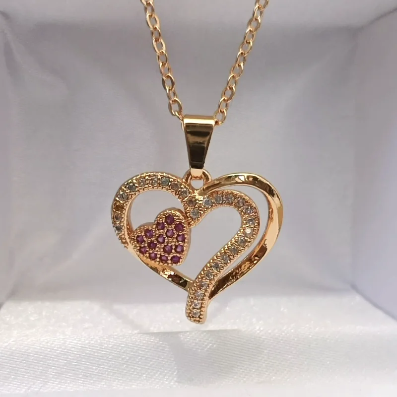 Golden Heart Shaped Necklace Stylish Jewelry Sparkling Heart Design Paved Shining