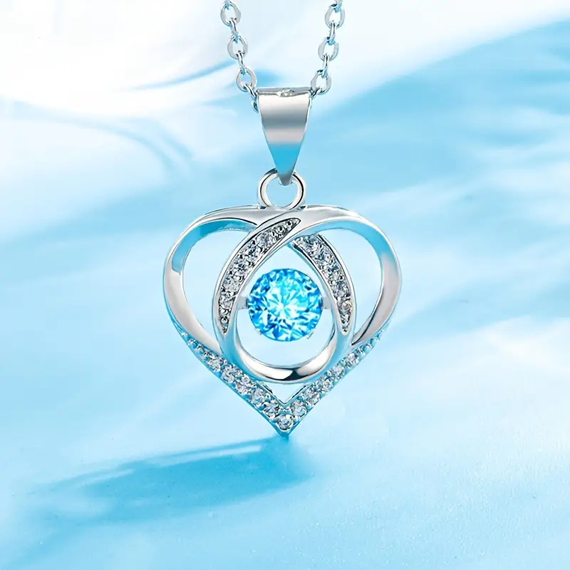 925 Sterling Silver Heart Shaped Necklace Stylish Jewelry Sparkling Heart Design Paved Shining Zirconia Blue